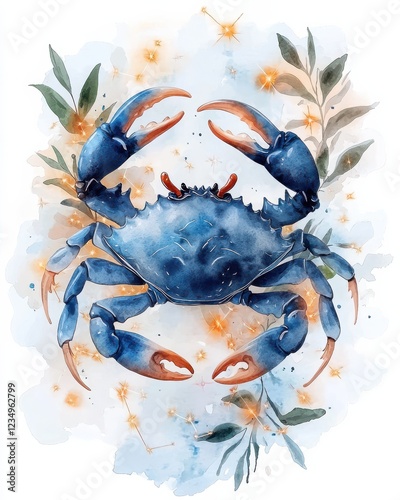 Celestial cancer painting of a crab surrounded by glowing constellations soft watercolors cosmic art photo