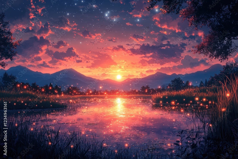 Serene Sunset Over Mountain Lake With Fireflies