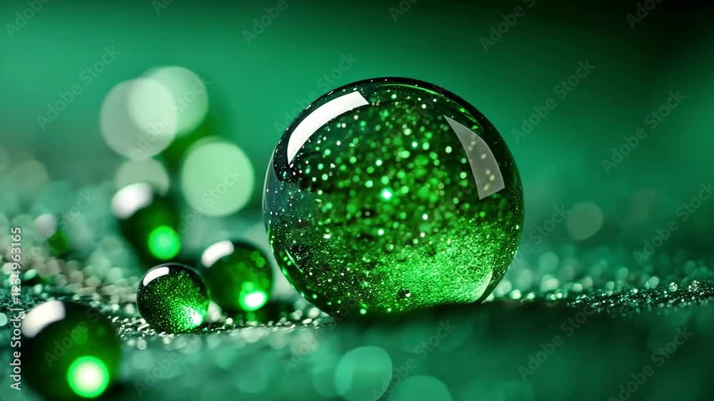 Saint Patrick's Day background with A green ball with glitter on it is surrounded by other green balls. The image has a calm and peaceful mood, as the green balls are arranged in a way that creates a