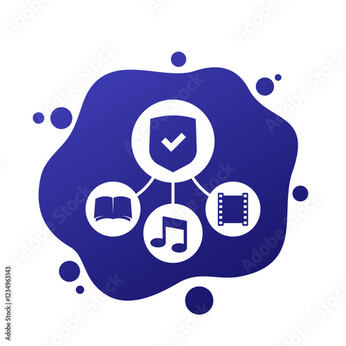 content protection, copyrighted material icon, video, music and books vector