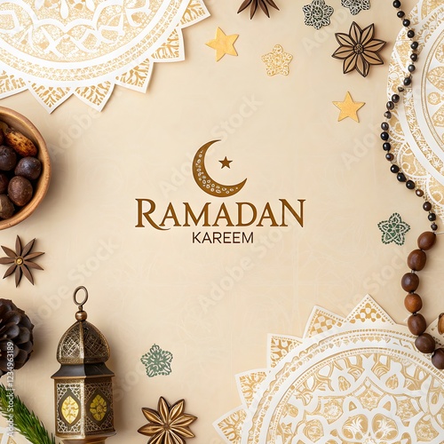 Ramadan Mubarak Islamic Art and Decorations. Beautiful Flat Lay with Islamic Patterns, Lanterns and Ramadan Mubarak Greetings.