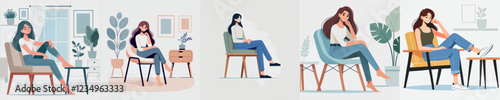 vector of a young woman sitting relaxed on a chair