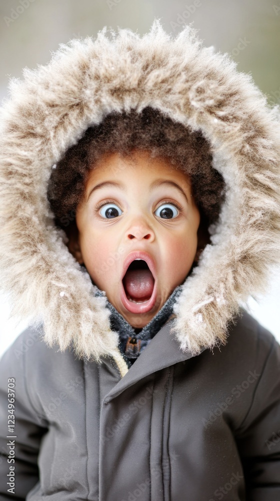 A young child with an expression of wonderment, wearing a coat with a furry hood, possibly watching fireworks. The background is blurred and light-colored. A young child with an expression of wonderment, wearing a coat with a furry hood, possibly watching fireworks. The background is blurred and light-colored.
