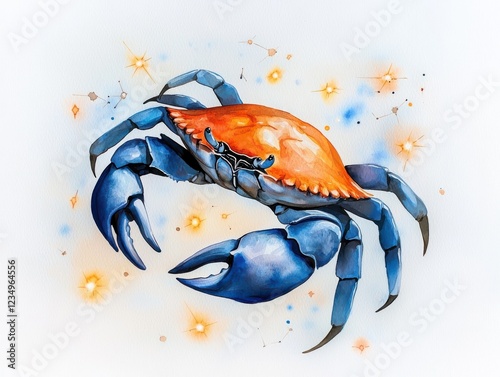 Celestial cancer painting of a crab surrounded by glowing constellations in soft watercolors photo