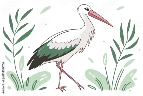  Stork illustration, watercolor style, delicate brushstrokes, white and green feathers, pink beak, long legs, standing pose, minimalist background, nature-inspired art, children's book illustration, c