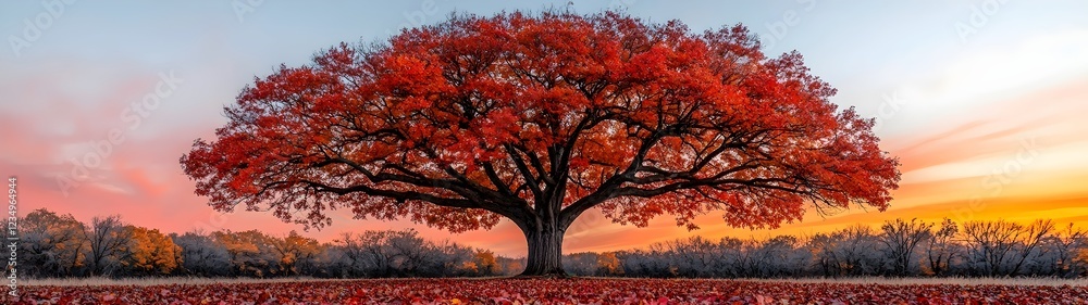 A majestic autumn tree with vibrant red and orange leaves stands alone against a pastel sunset sky, surrounded by a blanket of fallen leaves on the ground. A majestic autumn tree with vibrant red and orange leaves stands alone against a pastel sunset sky, surrounded by a blanket of fallen leaves on the ground.