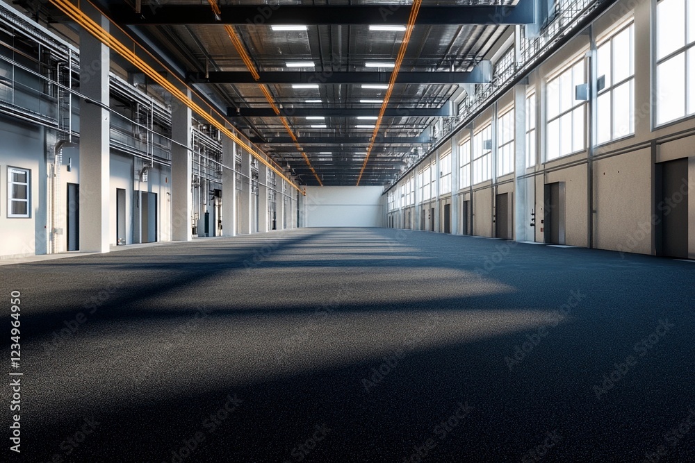 Wide open industrial space with linear lighting fixtures and polished floor Wide open industrial space with linear lighting fixtures and polished floor