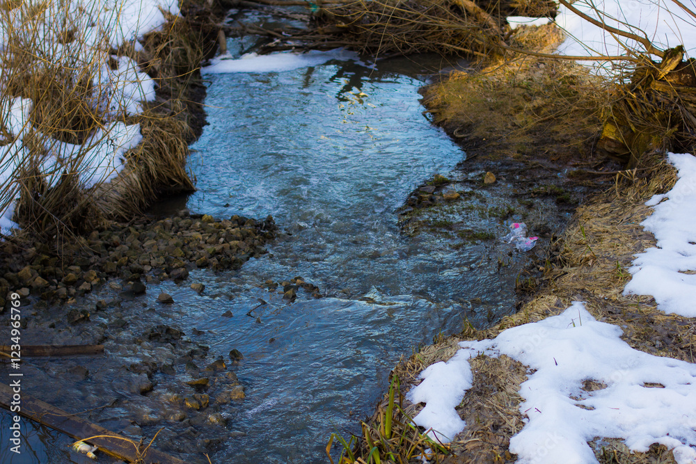 A calm stream flows through a snowy landscape, surrounded by bare winter trees and patches of snow. The clear water in the stream reflects the blue sky, creating a peaceful natural scene. A calm stream flows through a snowy landscape, surrounded by bare winter trees and patches of snow. The clear water in the stream reflects the blue sky, creating a peaceful natural scene.
