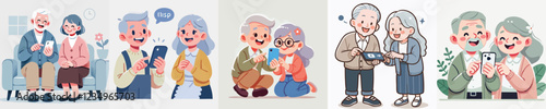vector elderly couple sitting playing mobile phone