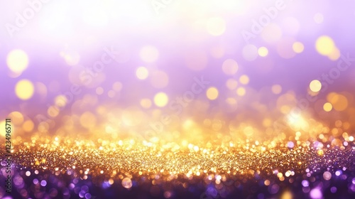 Purple and gold abstract glitter bokeh background. Holiday texture confetti celebration wallpaper.