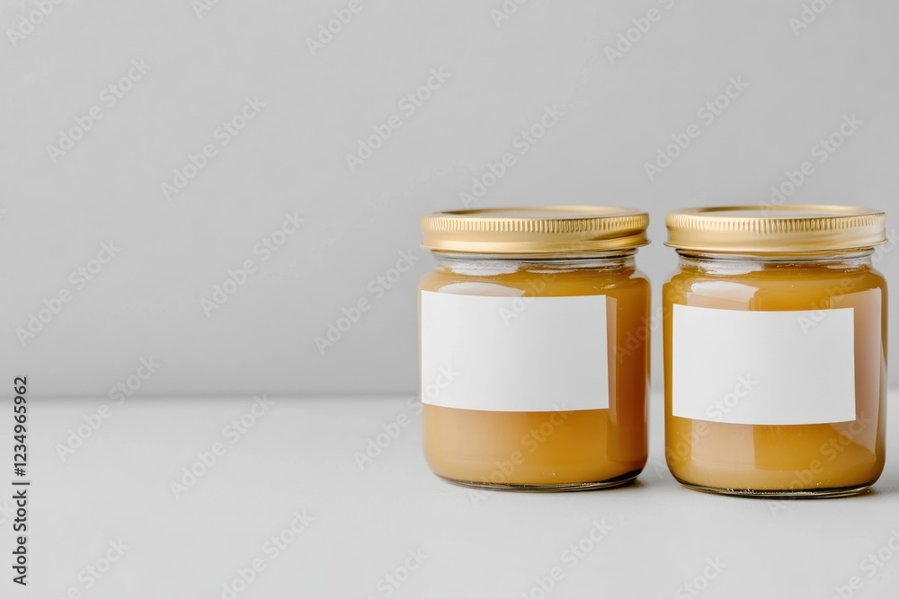 Two Jars of Honey with Blank Labels on a Table Two Jars of Honey with Blank Labels on a Table
