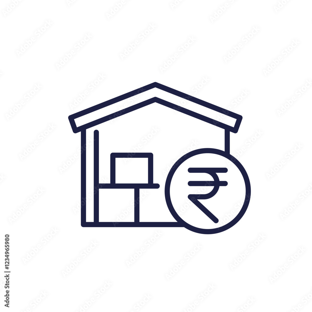 Storage costs line icon with warehouse and indian rupee Storage costs line icon with warehouse and indian rupee