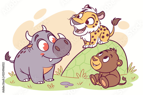  Cute cartoon animals, 3D animated characters, baby leopard, smiling hippo, fuzzy highland cow, grinning warthog, friendly bear, anthropomorphic creatures, big eyes, expressive faces, colorful texture