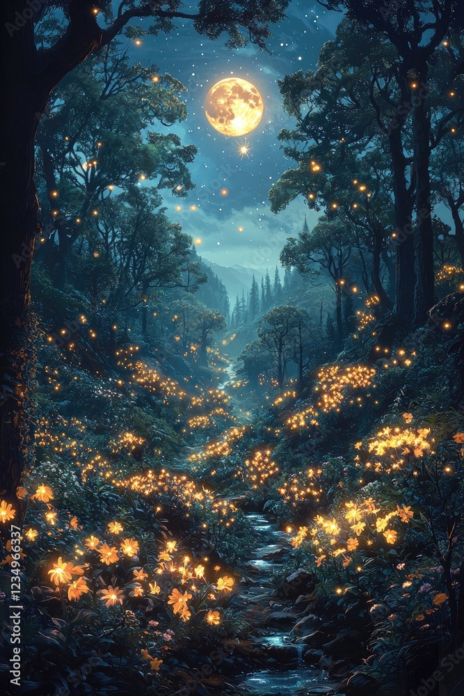 Enchanting Moonlit Forest Path Illuminated by Glowing Flowers