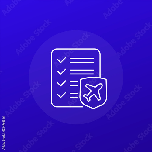 Travel insurance icon with checklist, flight safety policy line vector