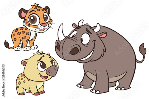  Cute cartoon animals, 3D animated characters, baby leopard, smiling hippo, fuzzy highland cow, grinning warthog, friendly bear, anthropomorphic creatures, big eyes, expressive faces, colorful texture