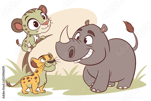  Cute cartoon animals, 3D animated characters, baby leopard, smiling hippo, fuzzy highland cow, grinning warthog, friendly bear, anthropomorphic creatures, big eyes, expressive faces, colorful texture
