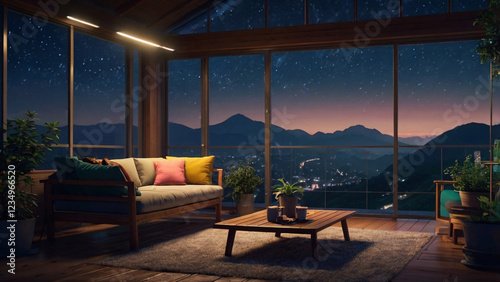 Futuristic balcony at night with glowing lights, cozy seating, potted plants, and a breathtaking mountain skyline under a starry sky, cinematic. generative AI