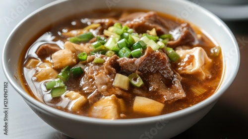 Delicious Braised Beef and Tofu Soup in a Bowl photo