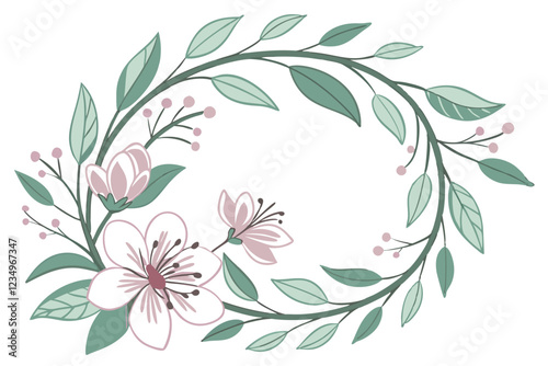 Watercolor floral wreath, soft green hues, delicate leaves and flowers, circular composition, botanical illustration, white background, elegant foliage design, dainty petals, nature-inspired artwork, 