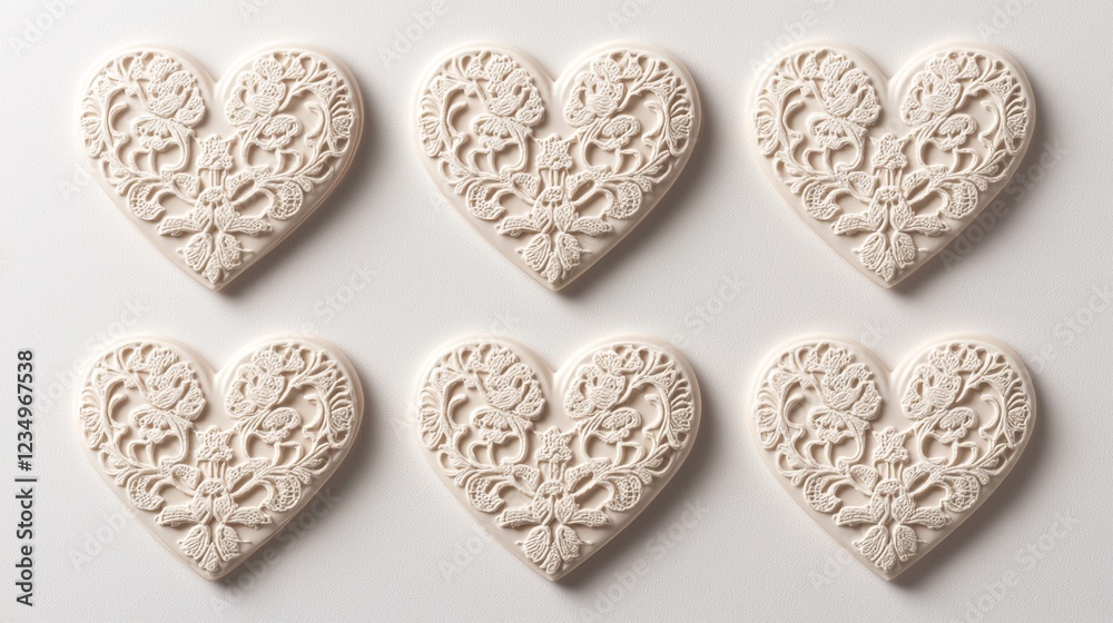 Fototapeta premium Six intricately designed, lace-like heart shapes arranged symmetrically on a light background, evoking themes of love and decoration.