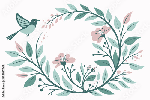 Watercolor floral wreath, soft green hues, delicate leaves and flowers, circular composition, botanical illustration, white background, elegant foliage design, dainty petals, nature-inspired artwork, 