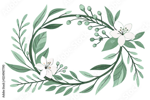 Watercolor floral wreath, soft green hues, delicate leaves and flowers, circular composition, botanical illustration, white background, elegant foliage design, dainty petals, nature-inspired artwork, 
