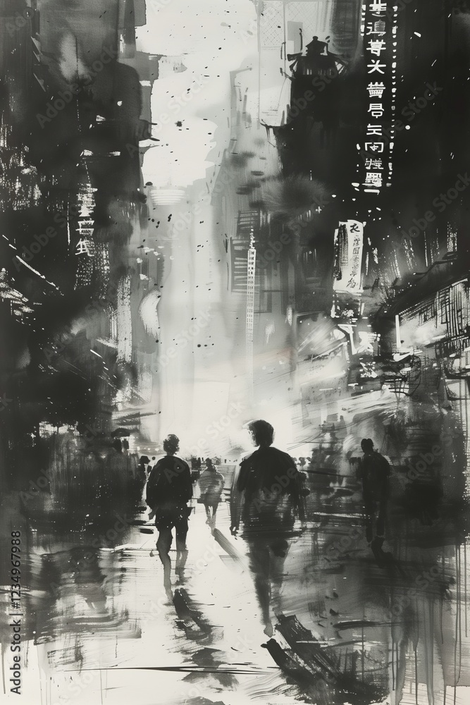 Fototapeta premium A dramatic city scene with silhouettes walking through a rainy urban environment.