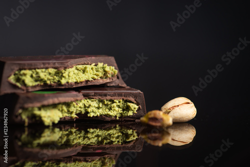 Obraz na płótnie Delicious Dark Chocolate with Pistachio Filling. Viral dubai chocolate w salonie