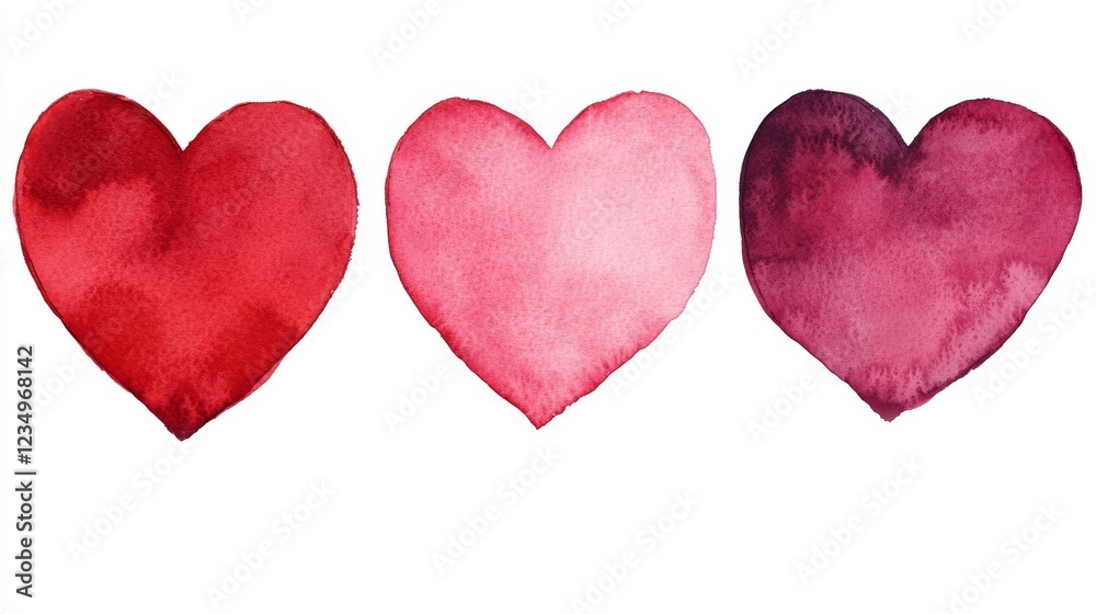 Three watercolor hearts in varying shades of red and pink, symbolizing love and affection. Three watercolor hearts in varying shades of red and pink, symbolizing love and affection.