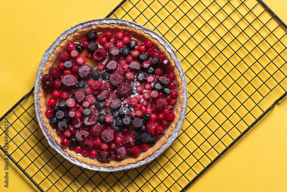 Delicious Mixed Berry Pie on Yellow Background