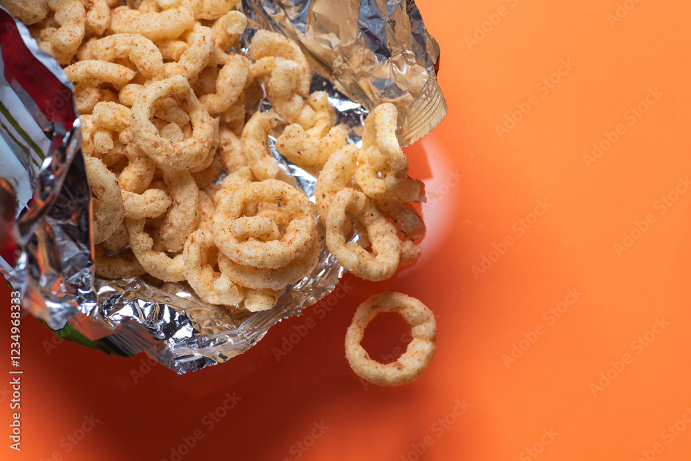 Crispy Snack Curly Rings on Bright Orange Surface