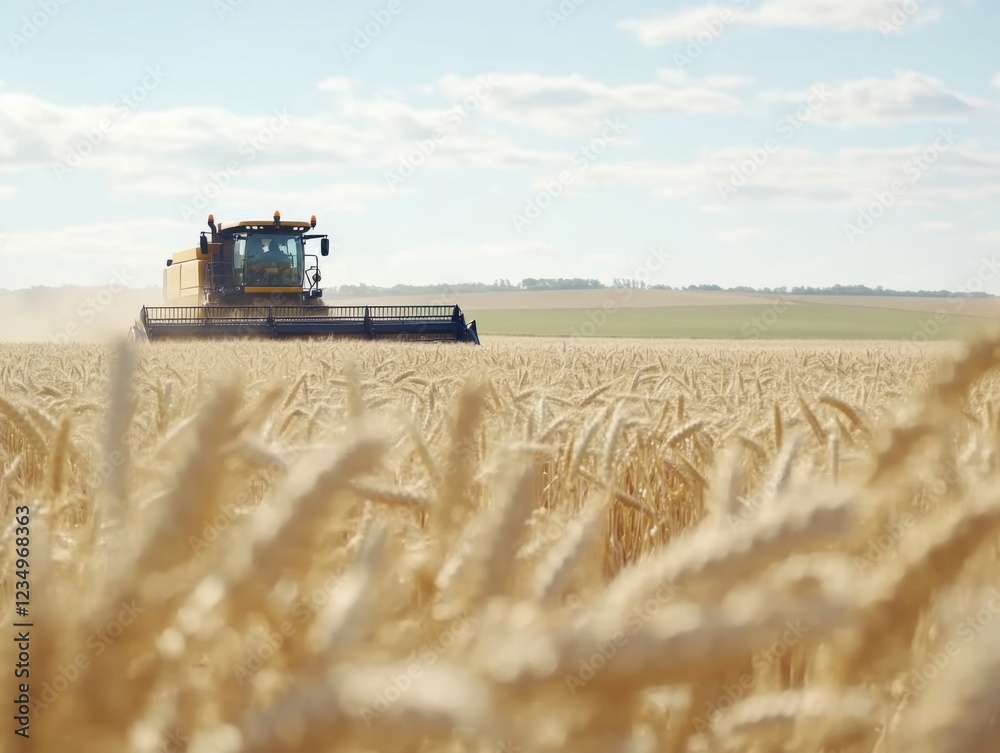Fototapeta premium A combine harvester efficiently working in a vast golden wheat field under a clear sky, capturing the essence of agricultural productivity.