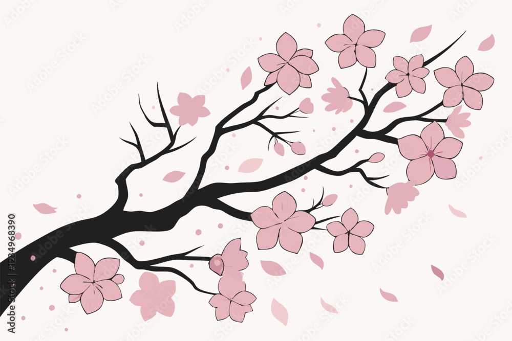 Fototapeta premium Cherry blossom branch, watercolor painting, ink splatter, delicate pink petals, black tree limbs, Japanese art style, ethereal, spring theme, minimalist composition, soft background, blooming flowers