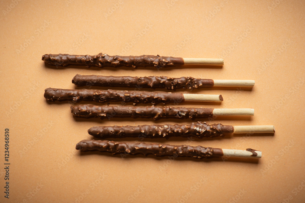 Chocolate Coated Snack Sticks with Nuts on Brown
