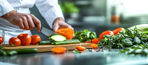 Chef preparing fresh vegetables, slicing cucumbers and tomatoes on a wooden board.