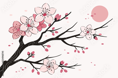  Cherry blossom branch, watercolor painting, ink splatter, delicate pink petals, black tree limbs, Japanese art style, ethereal, spring theme, minimalist composition, soft background, blooming flowers
