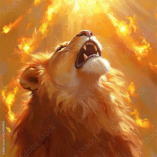 Roaring lion against golden flames wildlife art digital painting vibrant colors close-up perspective power and majesty photo