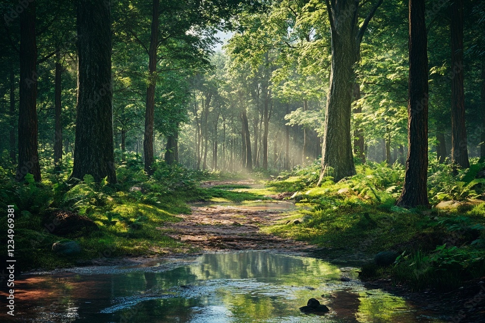 Obraz premium Sunlight filters through the trees in a serene forest pathway on a tranquil morning