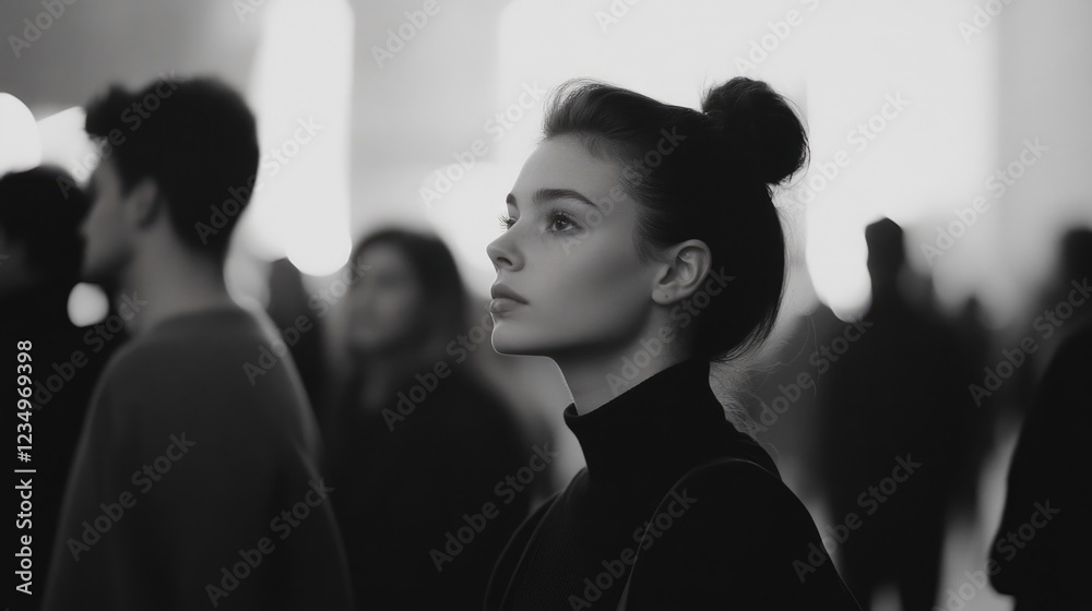 Fototapeta premium Young caucasian female with bun in black and white crowd scene