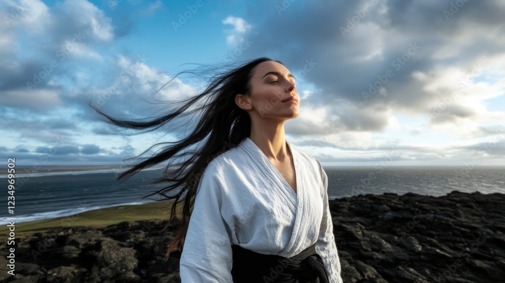 Young hispanic female meditating on rocky coastline with ocean view Young hispanic female meditating on rocky coastline with ocean view