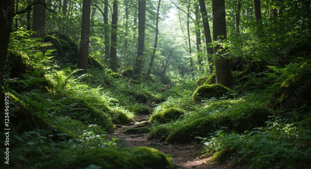 A serene forest scene with lush greenery, soft light filtering through trees A serene forest scene with lush greenery, soft light filtering through trees