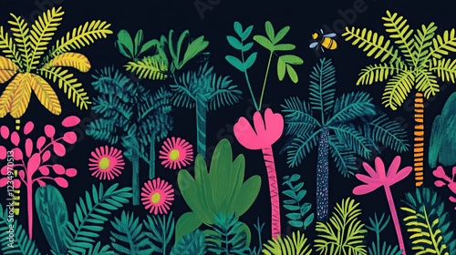 Tropical jungle foliage banner, vibrant, dark background, website header