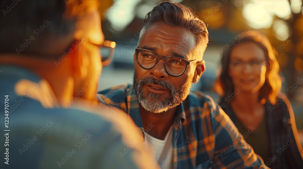 A group of friends enjoying a sunset conversation outdoors. A group of friends enjoying a sunset conversation outdoors.