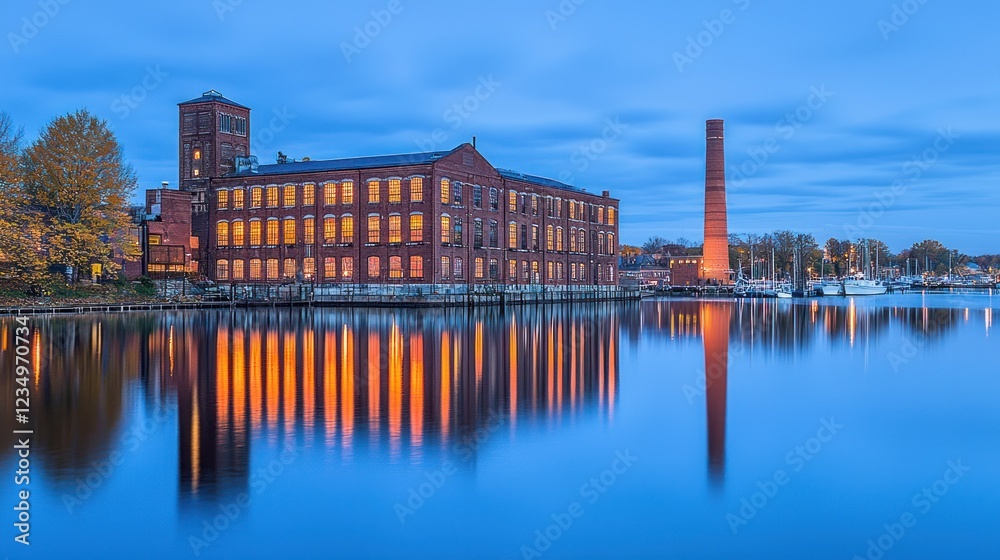 Naklejka premium Serene Twilight at the Historic Riverfront Mill Complex