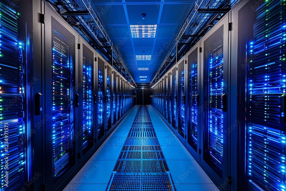 Fototapeta premium A high-tech server room illuminated with blue lights showcasing modern servers.