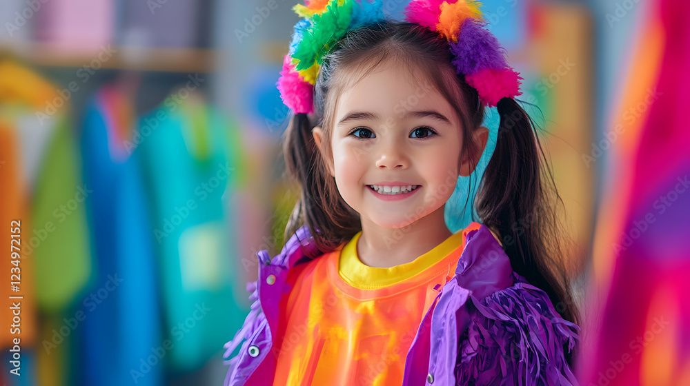 Fototapeta premium A joyful girl in bright clothes beams with happiness in a vibrant indoor space