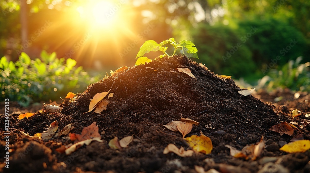 A vibrant image of a small plant emerging from dark soil, surrounded by autumn leaves, illuminated by warm sunlight in a lush garden setting. A vibrant image of a small plant emerging from dark soil, surrounded by autumn leaves, illuminated by warm sunlight in a lush garden setting.