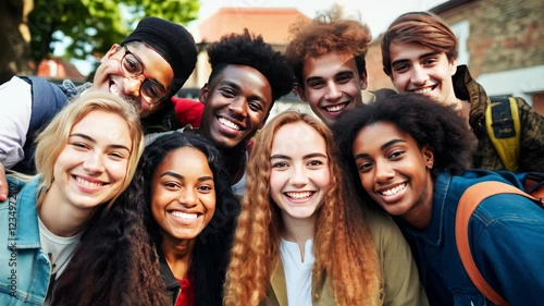 A group of young students, boys and girls from different backgrounds and ethnic cultures, happily pose for a photo, demonstrating friendship and teamwork, embodying the spirit of academic cooperation 