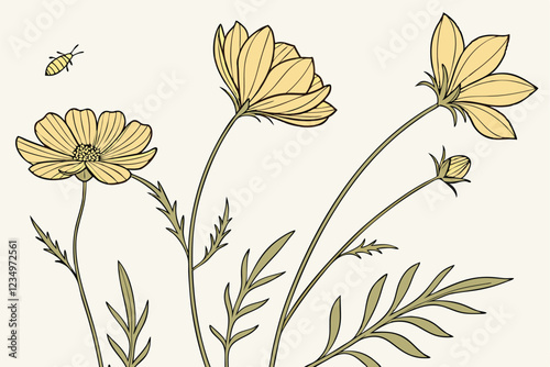 Pressed yellow wildflowers, delicate botanical specimens, dried cosmos flowers, herbarium collection, white background, golden petals, green stems and leaves, vintage botanical illustration style, hig